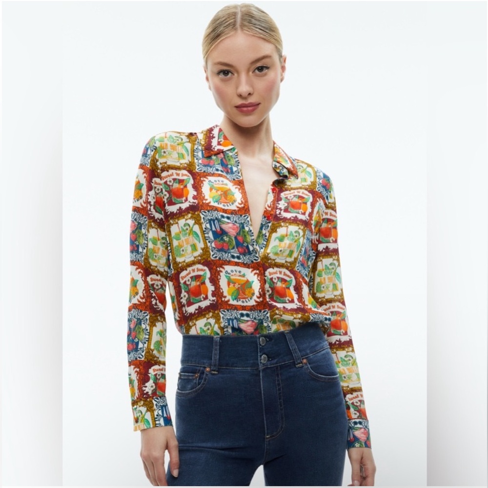 Alice + Olivia Willa Patterned Button Down Silk S… - image 1